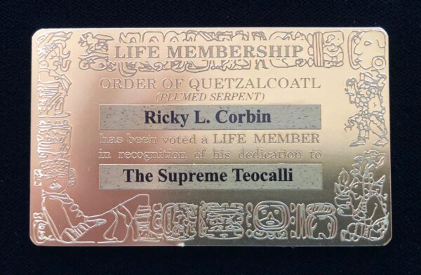 Order of Quetzalcoatl Life Membership Card